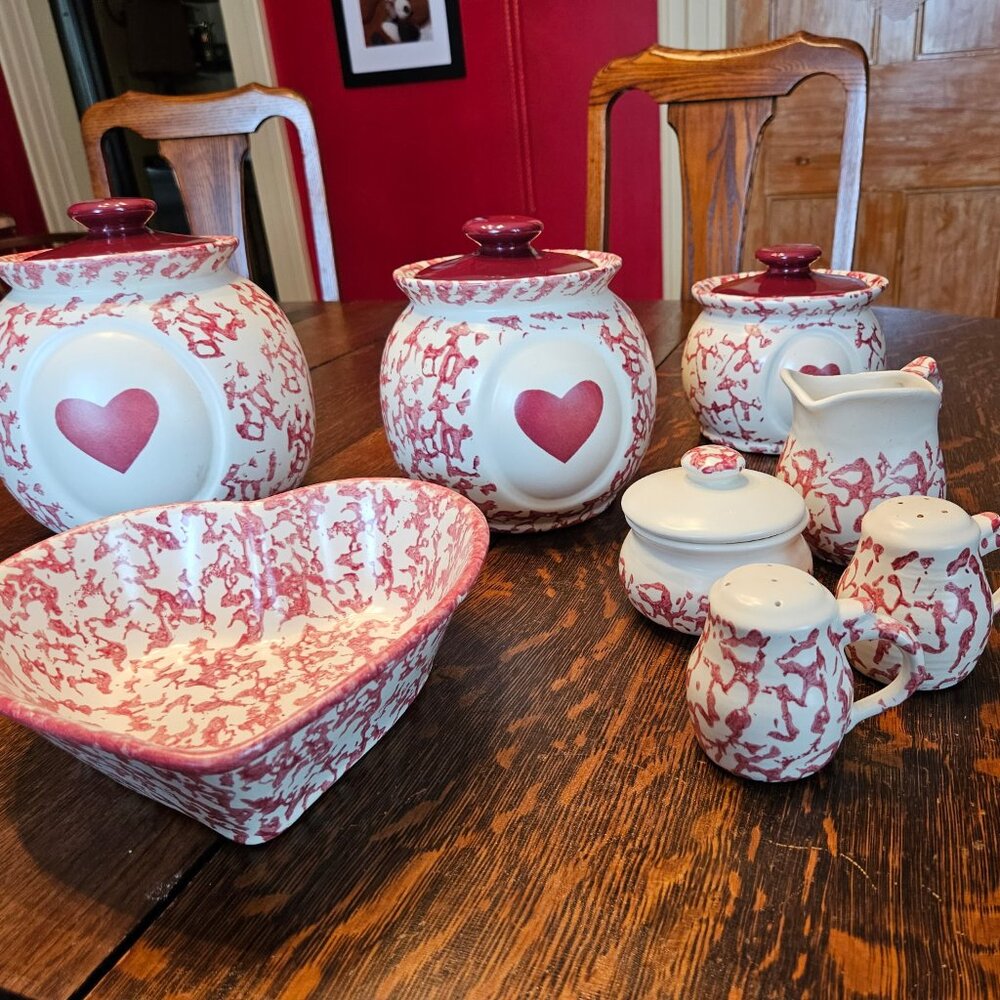 Heart Stoneware Pottery 3 Jars, Cream & Sugar, Shakers & Bowl
